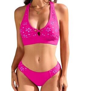 Two Piece Bikini Swimsuits Modest Petal Hollow V Neck Top and Low Rise Bottom XL